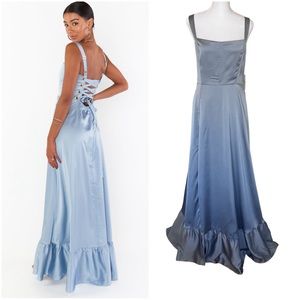 Clarissa Corset Dress Steel Blue Luxe Satin Show Me Your Mumu Size Large NWT